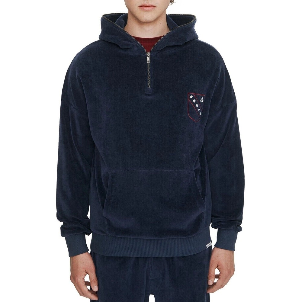 Eleven Paris Men's Cotton Quarter-Zip Velour Hoodie in Dress Navy-Size SMALL